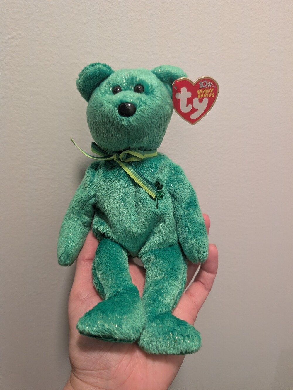 "Dublin" Ty Beanie Baby Green Stuffed Bear With Shamrock/Clover